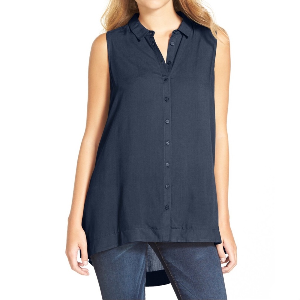 Lush | Tunic Button Down Collared Sleeveless Blue… - image 1